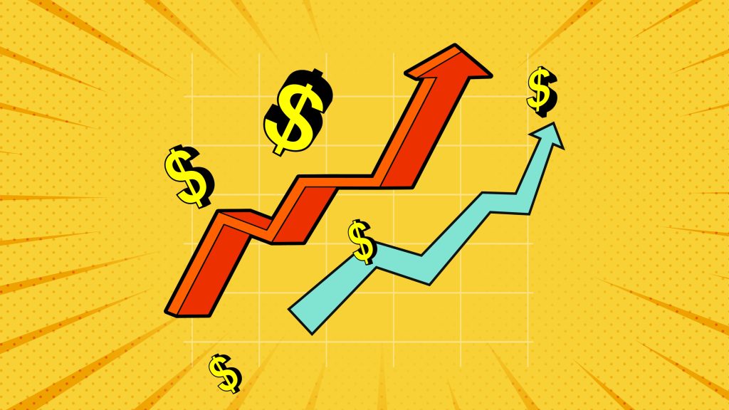 Pop-art style yellow background with a grid and two upward-trending arrows—one red, one blue—surrounded by various dollar sign icons. Illustrates increasing Business Phone System Cost and financial trends.