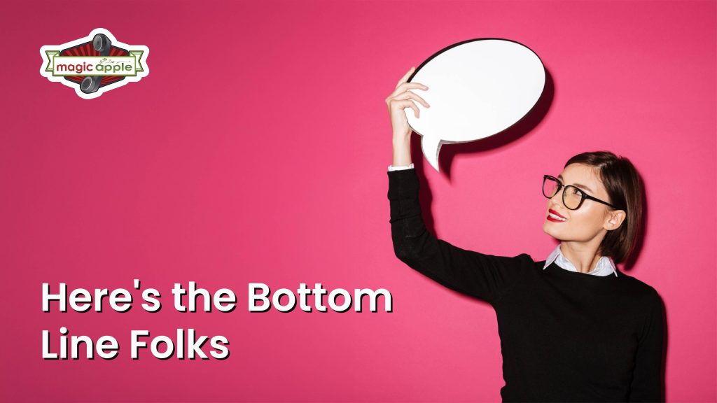 Magic Apple business texting conclusion: a woman wearing glasses holds a blank white speech bubble against a pink background, next to the Magic Apple logo.