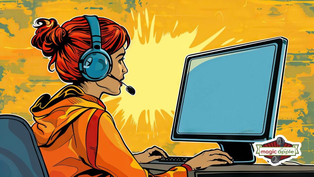 Magic Apple AI voice platform: comic-style illustration of an agent wearing a headset working at a computer, with the Magic Apple logo.
