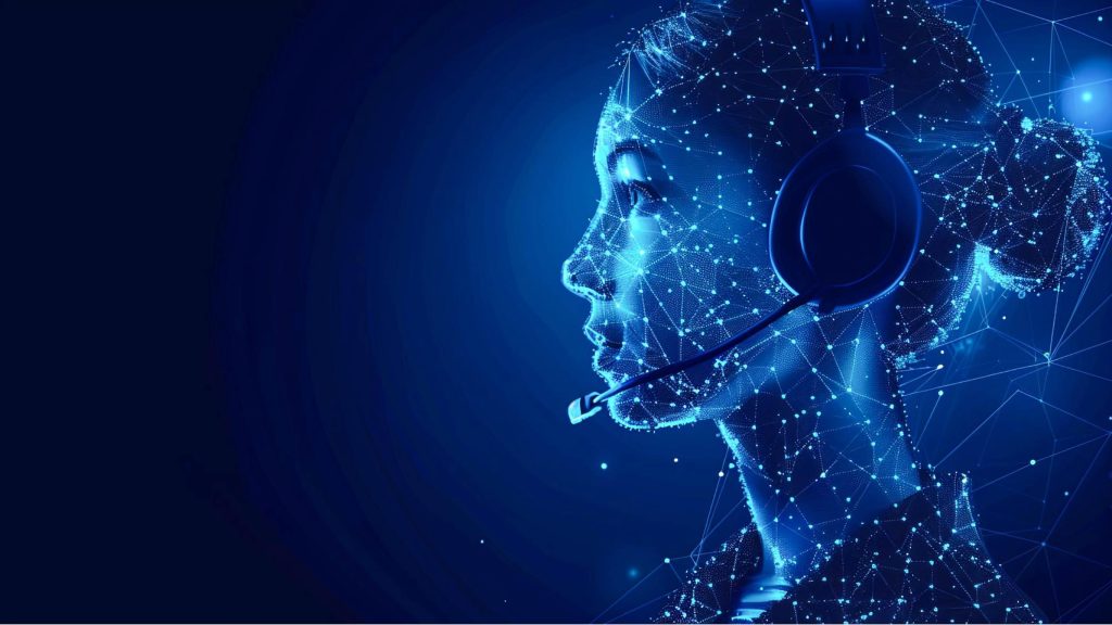 AI answering service illustration: digital profile of a person wearing a headset, formed by a glowing blue network of connected nodes.