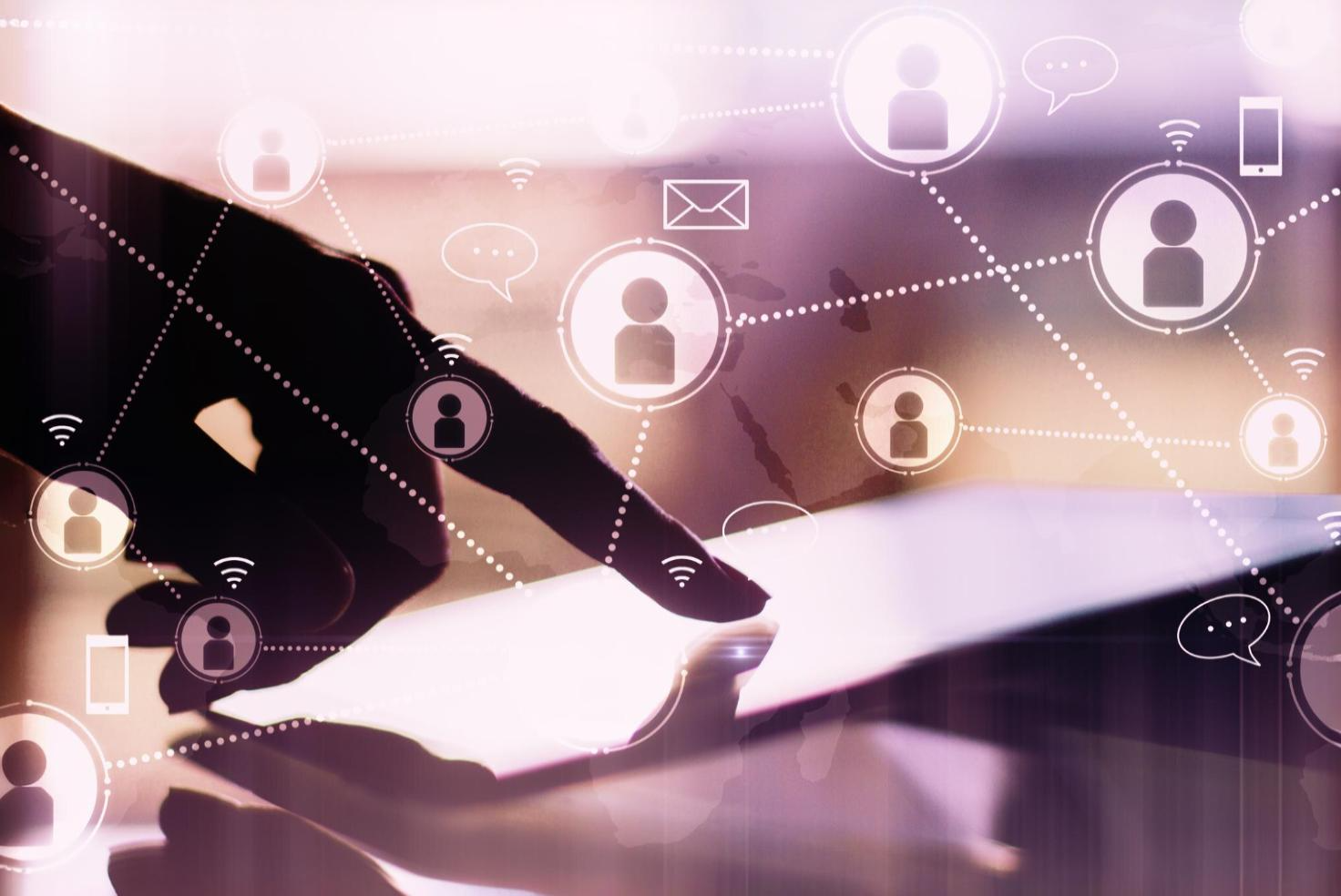Hand with finger pointing to hospitality cloud phone