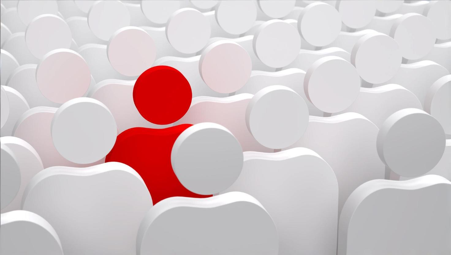 One red person icon among many white ones, conveying a business being set apart from others because of quality service.. 