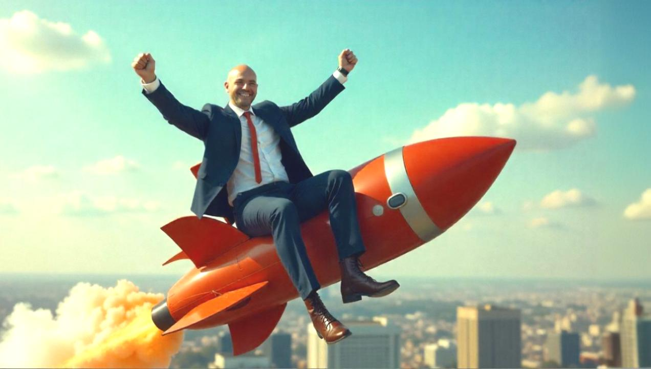 A cheerful businessman in a suit rides a red rocket high above a cityscape, raising his fists in excitement. The image symbolizes rapid business growth and success, a metaphor for leveraging Omnichannel Solutions to propel a brand forward through an effective Customer Communication Platform.