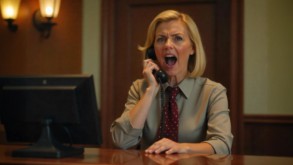 Front desk agent at counter frustrated with outdated hospitality phone system.