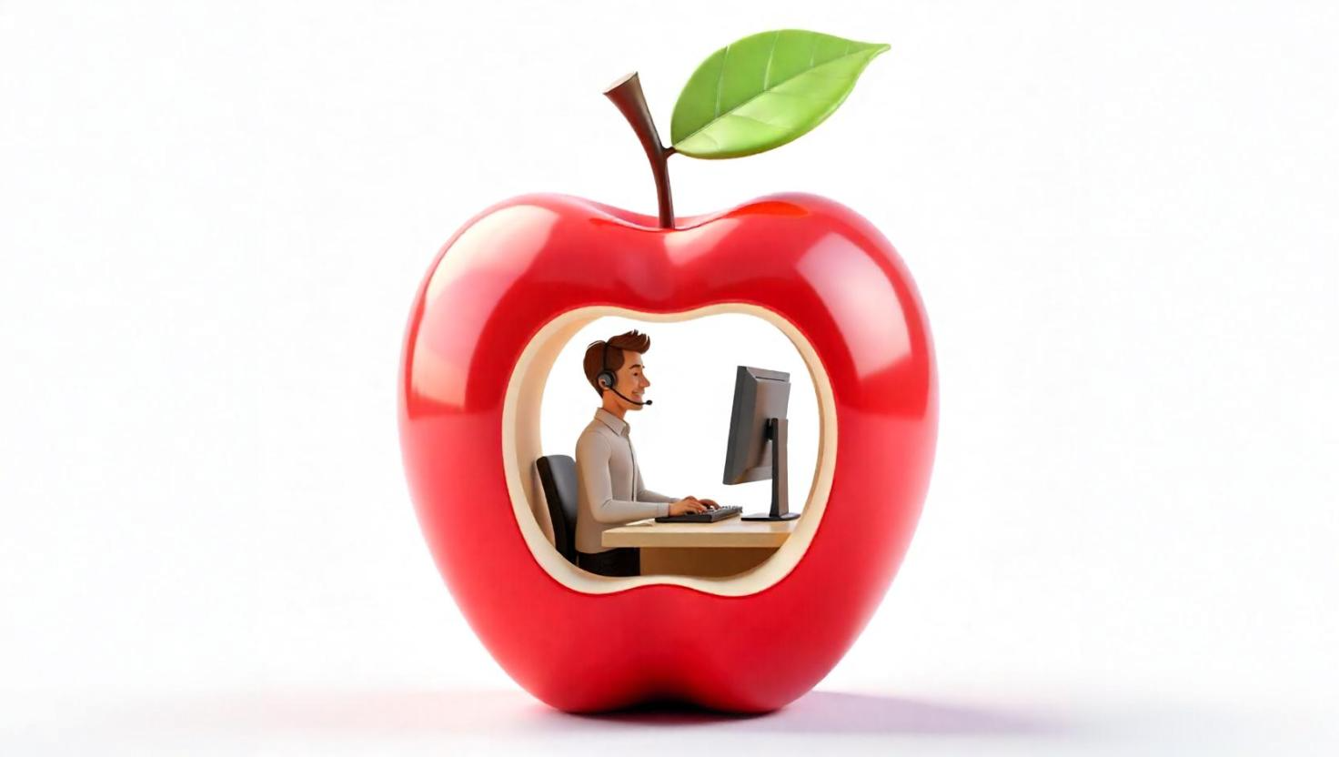 A digitally rendered image of a man working at a computer inside a hollowed-out red apple. The man wears a headset, indicating customer support or digital communication. The apple symbolizes knowledge and technology, reinforcing the idea of an Omnichannel Solution that integrates customer service through a Customer Communication Platform.