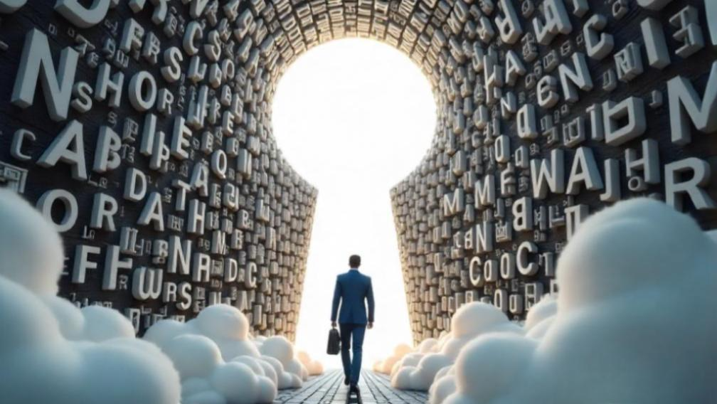 A man in a blue suit carrying a briefcase walks toward a bright keyhole-shaped opening at the end of a tunnel. The tunnel walls are covered with three-dimensional letters and symbols, symbolizing digital communication. White clouds surround the floor, adding a dreamlike feel. This conceptual image represents an Omnichannel Solution, illustrating how businesses can unlock seamless Customer Communication Platforms to connect with audiences.