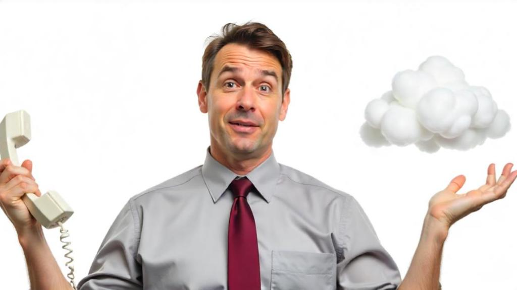 Man shrugging with landline phone showing choice between on-prem and cloub-based phone systems.