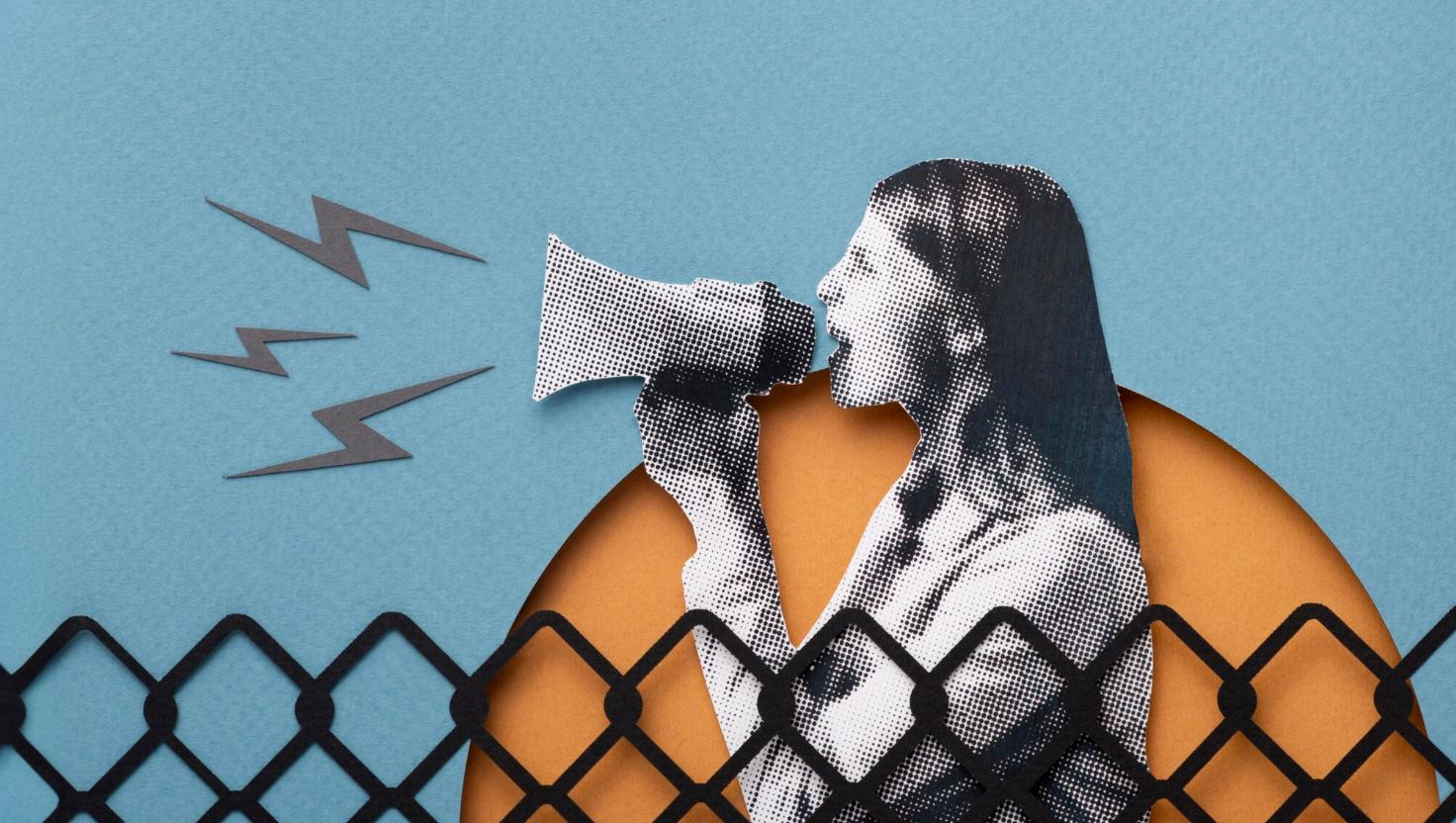 A creative collage-style illustration of a woman speaking into a megaphone, with jagged sound waves emerging from it. The cutout effect and a chain-link fence in the foreground suggest breaking barriers in communication. This image visually represents Customer Communication Platforms that amplify voices, enabling businesses to connect with customers across various channels through Omnichannel Solutions.