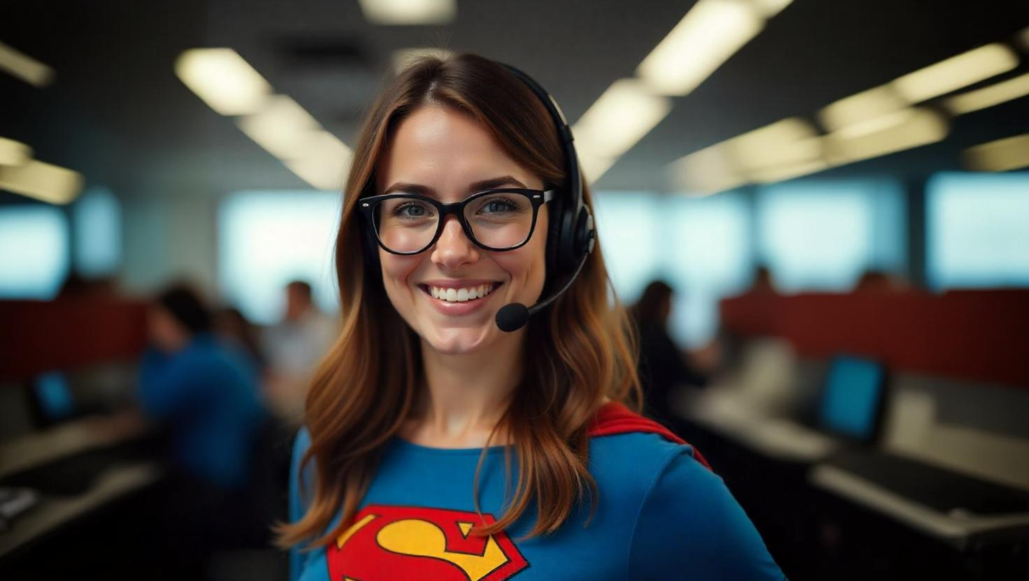Female call center agent with headset dressed as superhero,conveys importance of contact center software