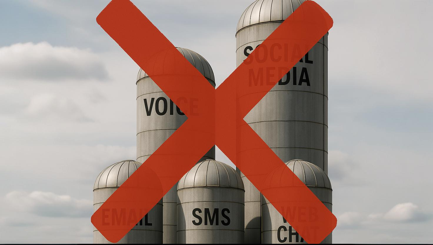 A group of silos labeled with multiple communication channels: Voice, Social Media, Email, SMS, and Web Chat