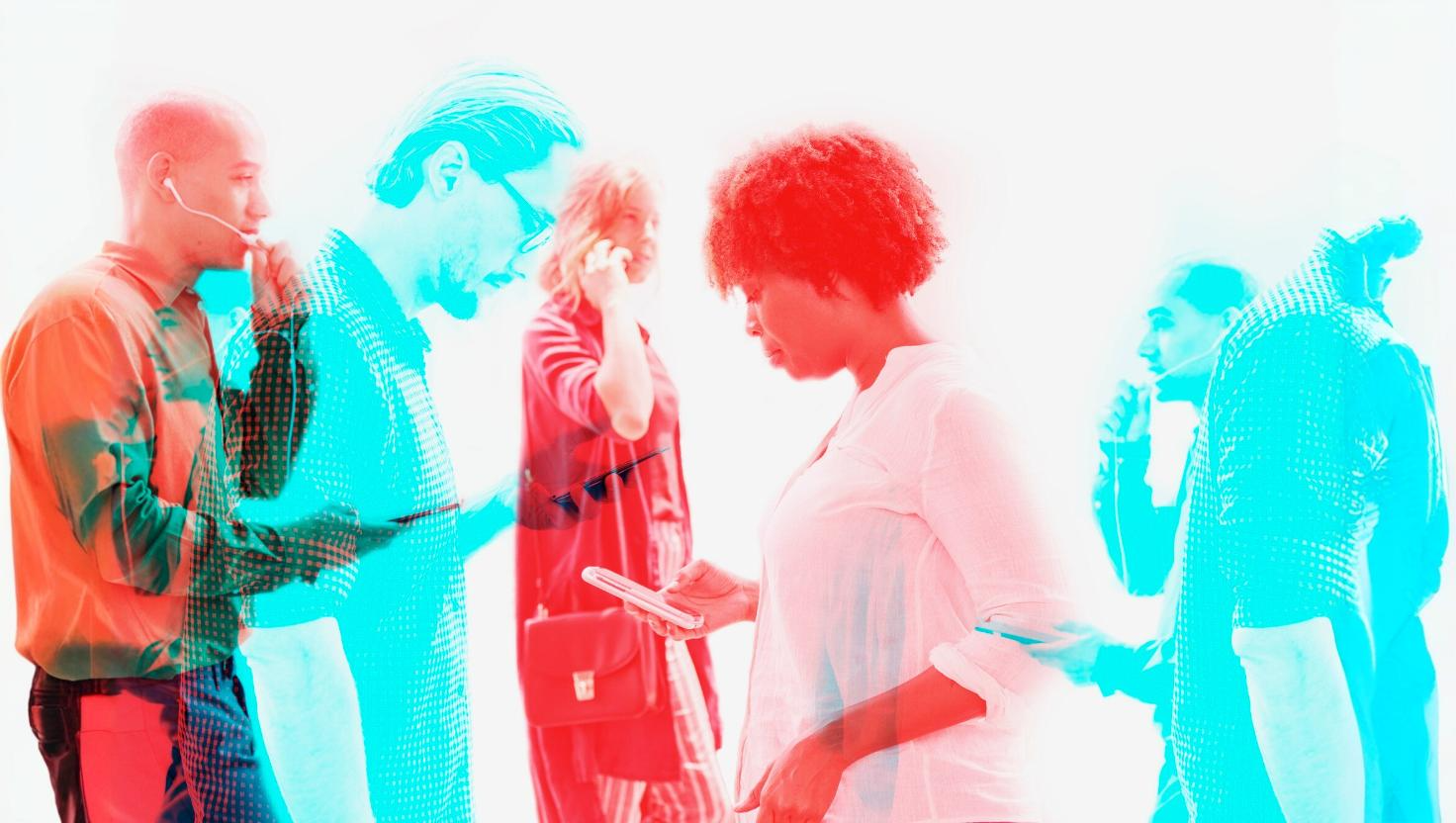 Overlapping images with blue and red effects of people using smartphones. Depicting fragmented communication.