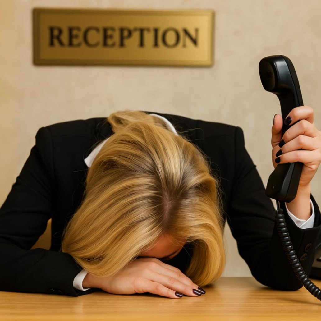 Hotel employee with head down, annoyed at basic hotel phone system.