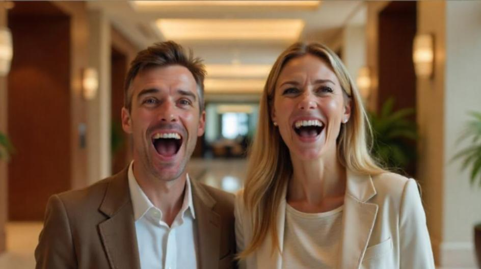 Man and women conveying jaw dropping guest experiences with Magic Apple's hospitality phone system.