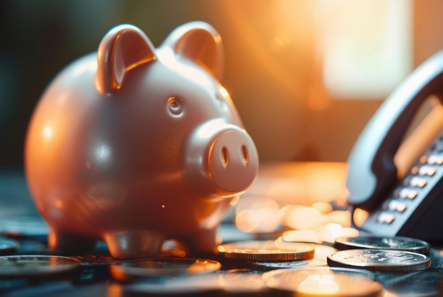 Piggy bank with coins strewn around and phone in background denoting cost savings.