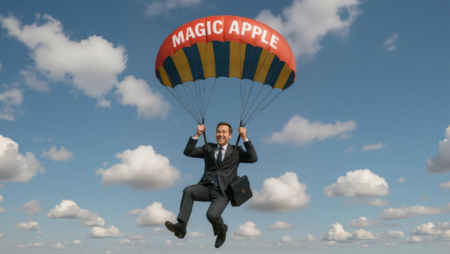 Smiling businessman flying safely with the help of Magic Apple and their superior phone system