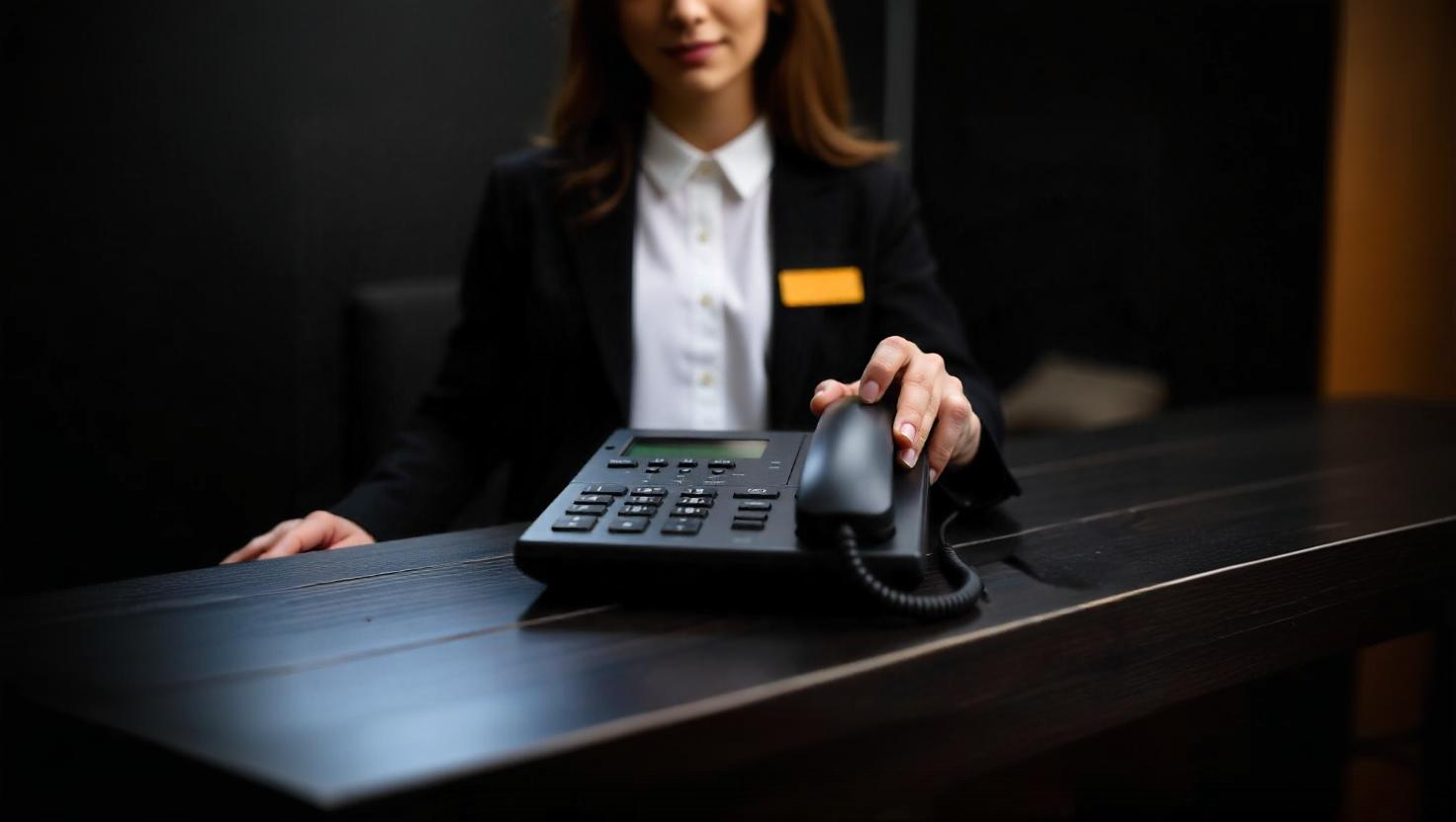 Hotel agent reaching for hotel phone on reception desk counter. Upgraded hospitality phone system.