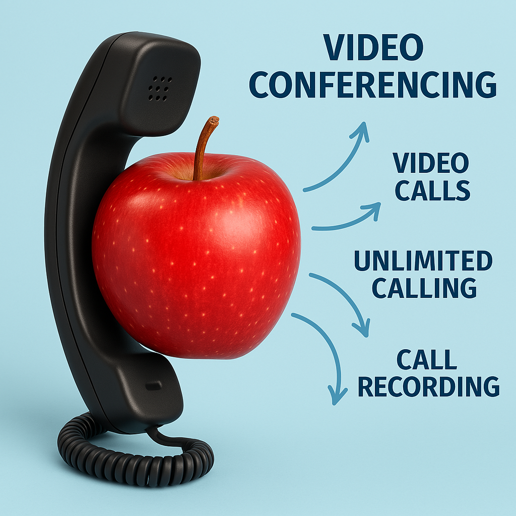 Phone handset attached to an apple conveying Magic Appls's hotel phone system with its features labeled.