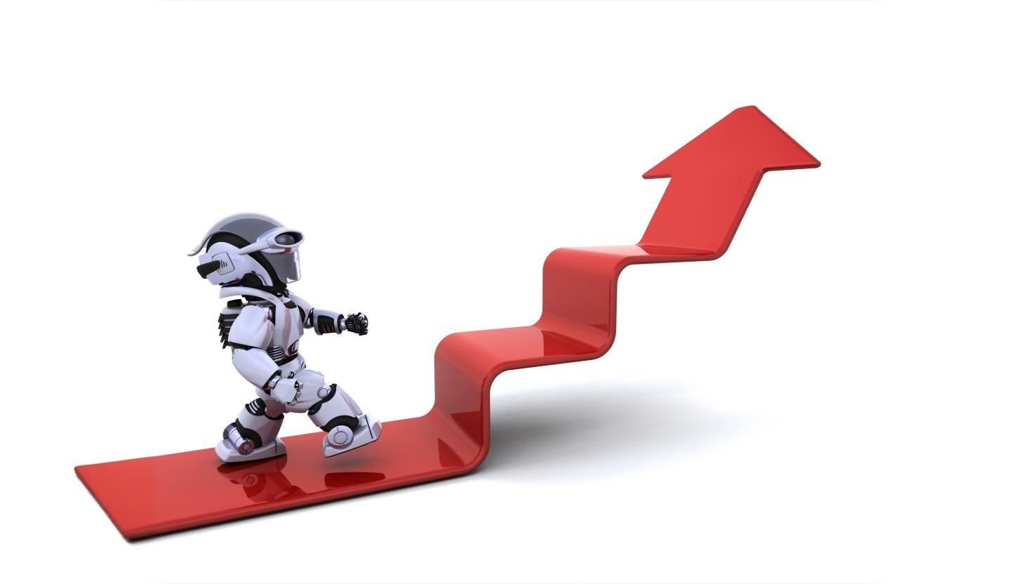 Small robot walking up red arrow. Depicting evolution of cloud based contact centers and call centers..