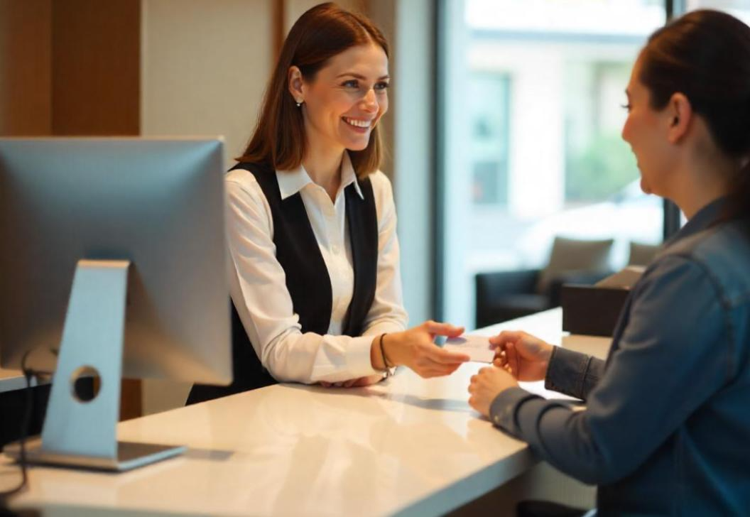 Hotel agent helping guest easily with hotel phone system PMS and CRM integration.