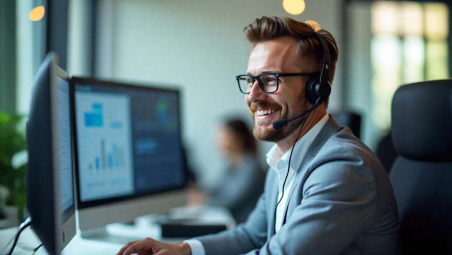 Male contact center agent smiling, happy for contact center software and customer data for better CX