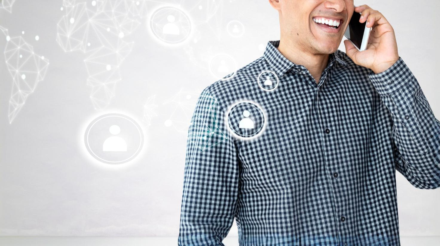 Man on mobile phone with overlay of omnichannel icons. Depicting modern contact center solutions
