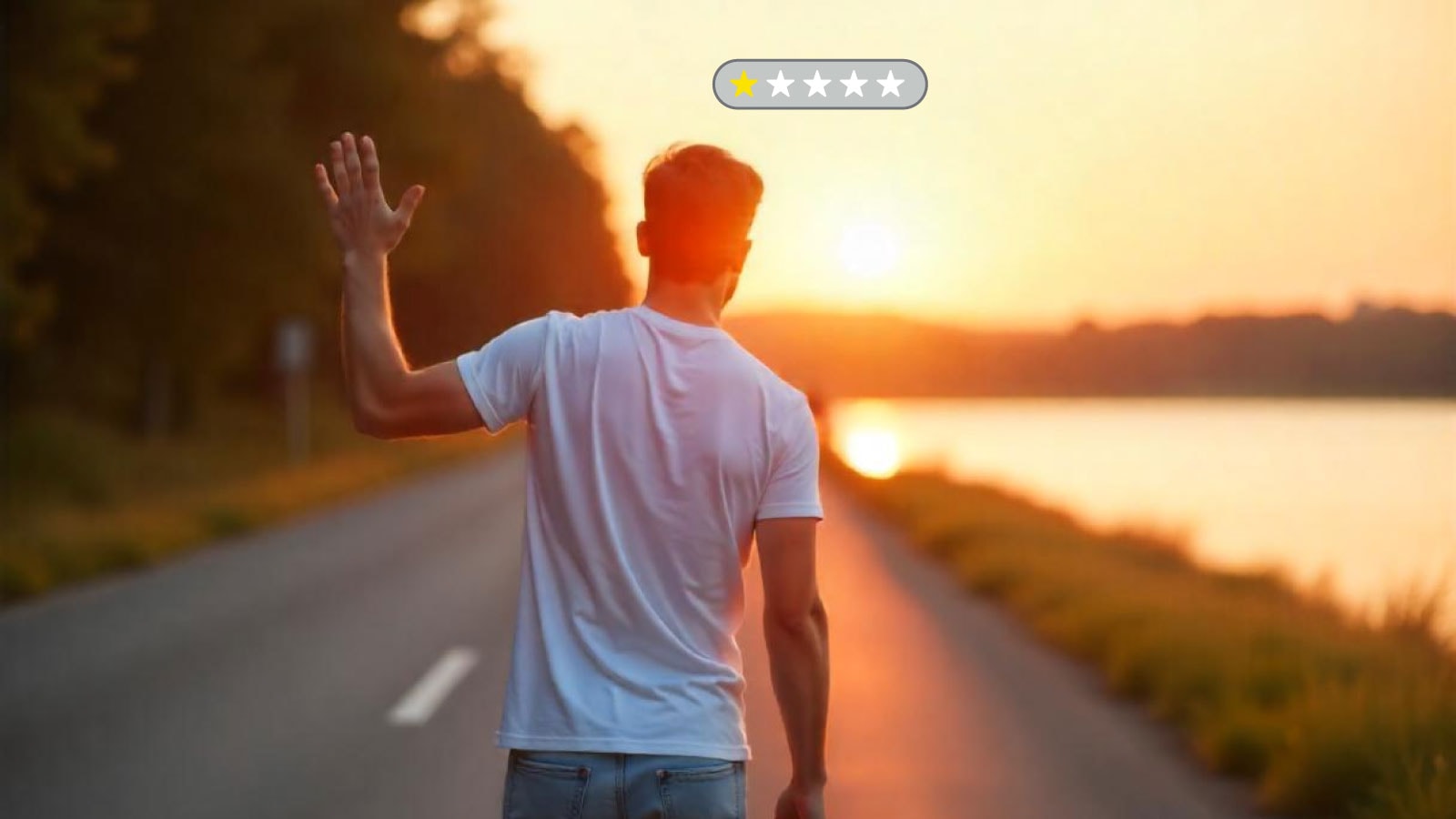 Man on road walking into sunset waving goodbye to one-star reviews thanks to omnichannel contact center solution