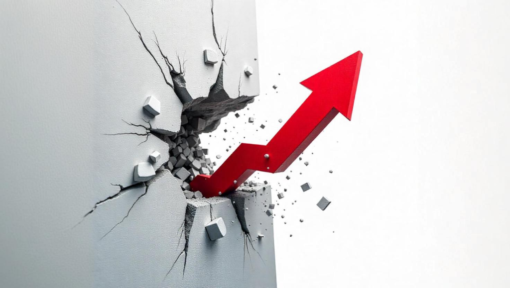 Upward arrow going breaking wall. Omnichannel communication platform impacting customer engagement.