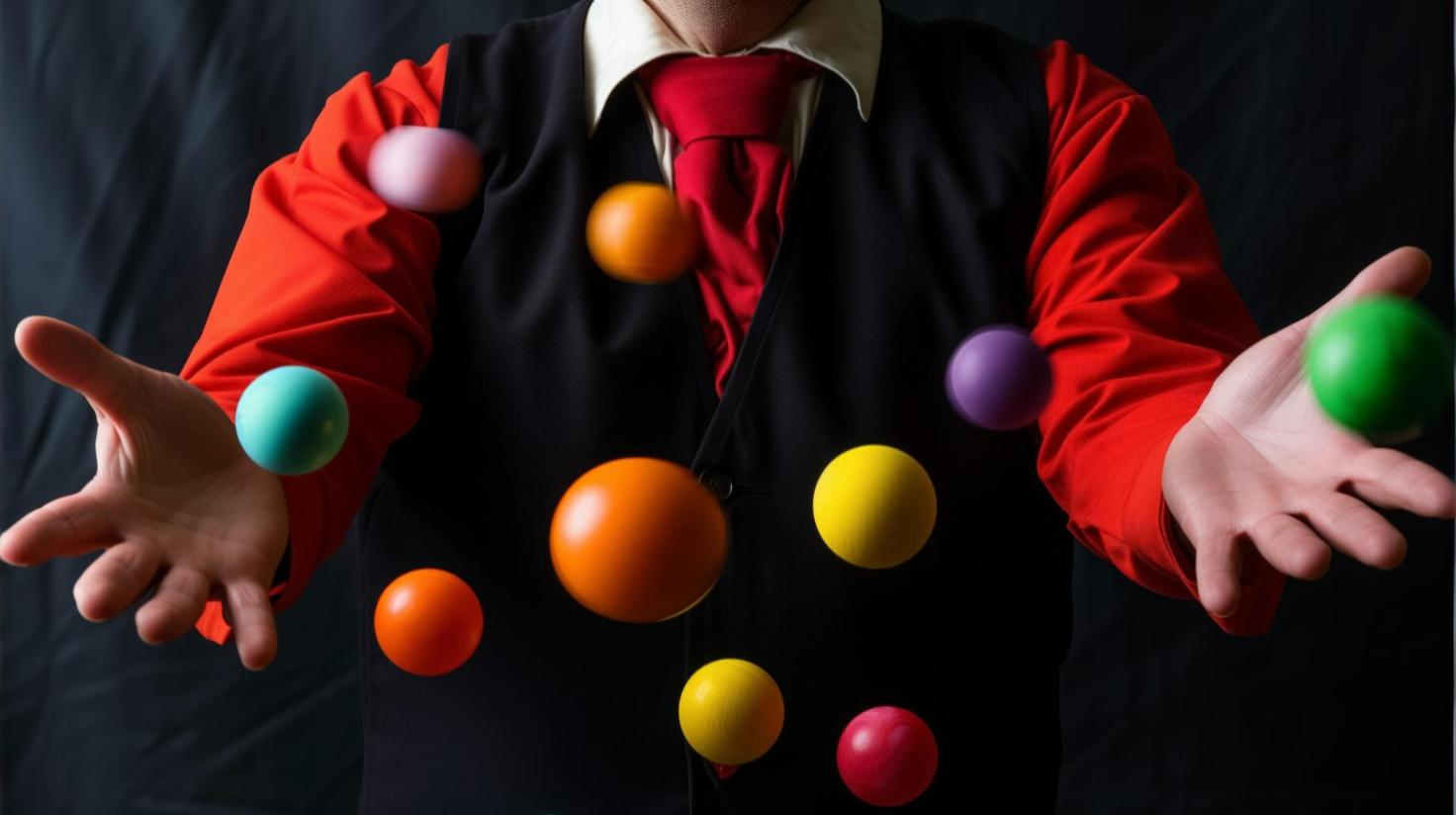 Man poorly juggling colored balls showing bad customer experience when juggling communication tools.