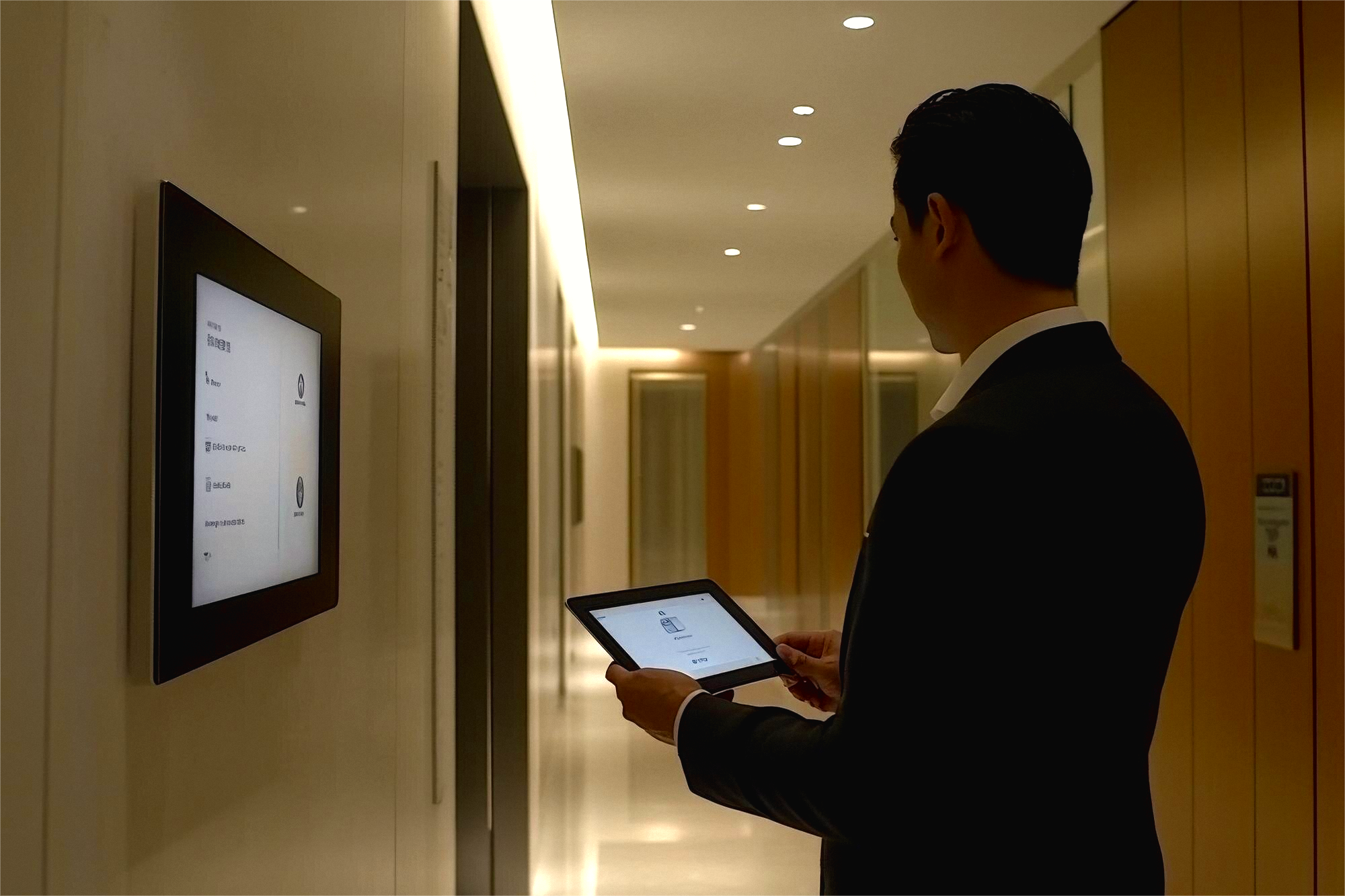 Hotel employee using a tablet to operate a wall-mounted hotel phone system interface in a modern hallway.