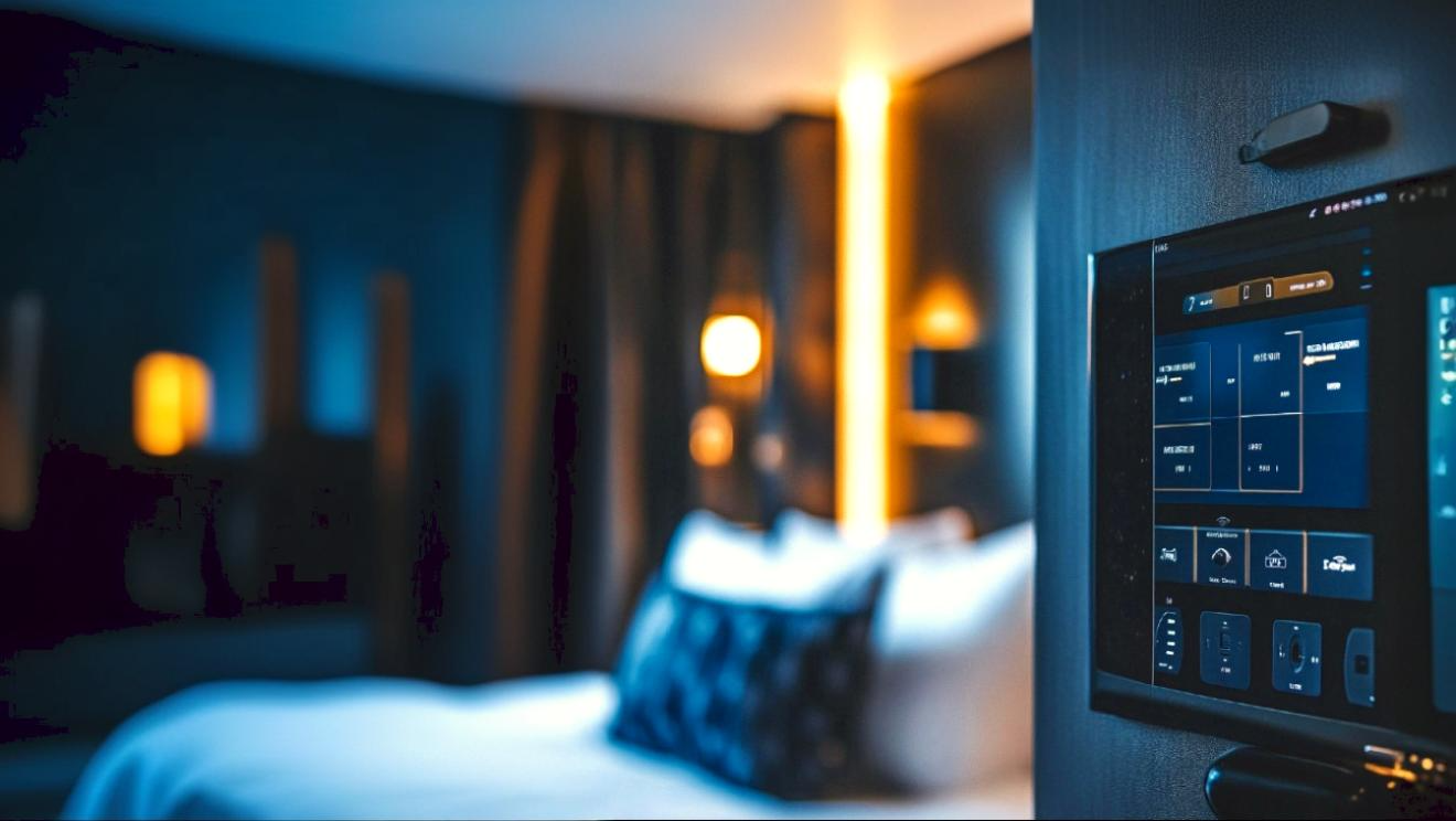 Wall-mounted hotel phone system interface in a modern guest room showing digital transformation of the hotel industry.