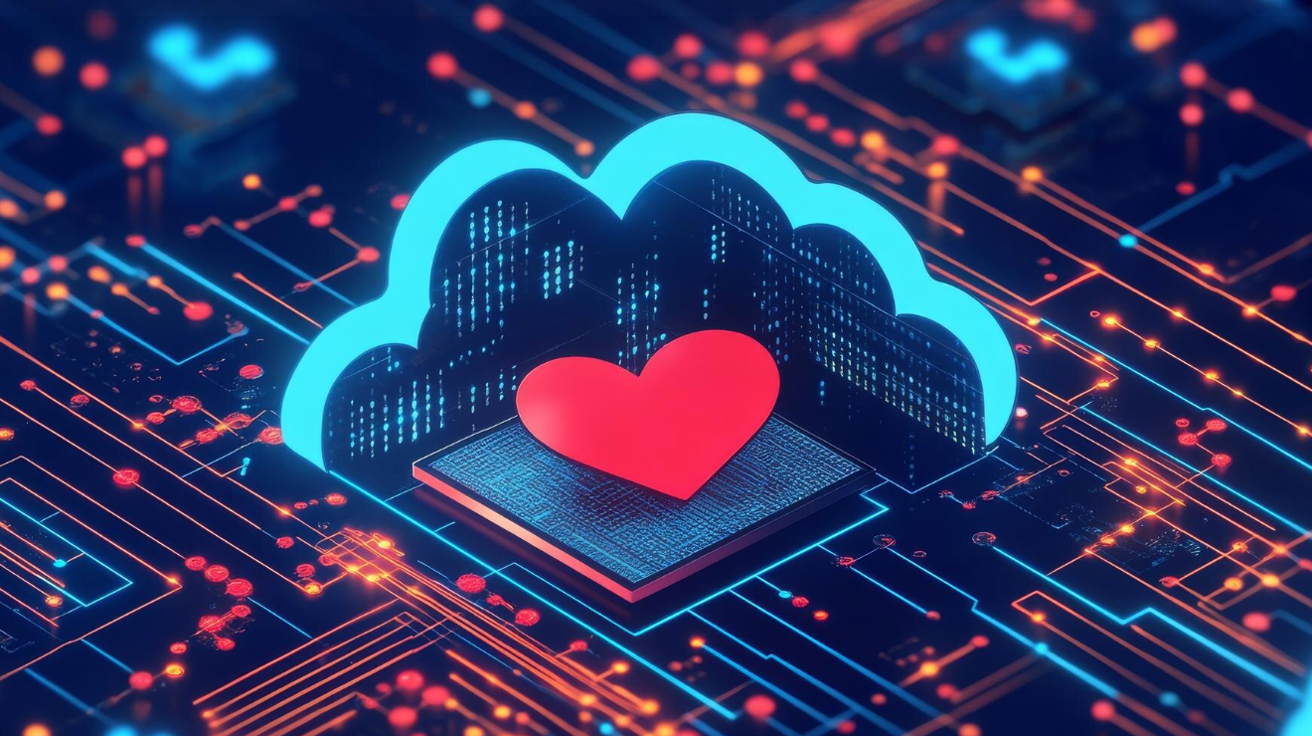 Heart on a circuit board under a cloud icon, symbolizing love for a cloud-based customer service platform and streamlined data access.