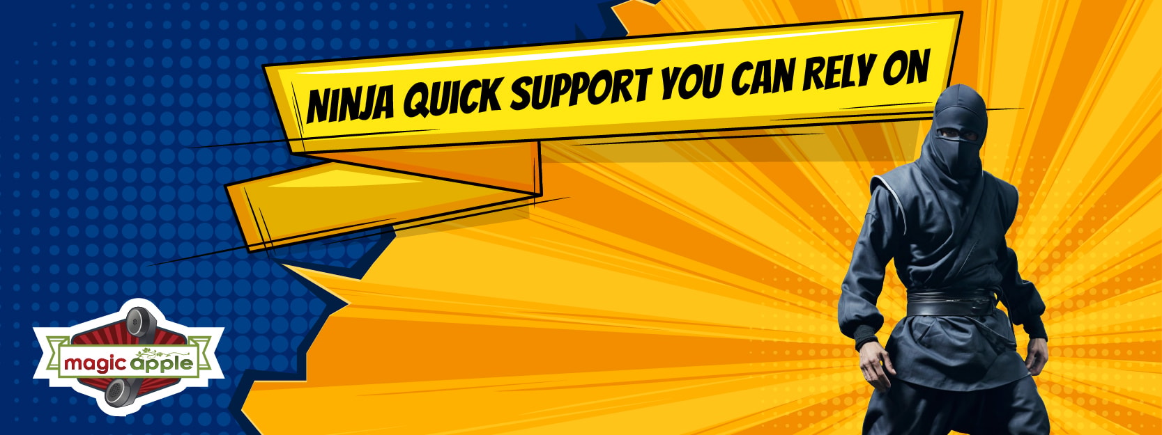 Magic Apple banner conveying their ninja quick support for phone system, from desk phones to mobile devices.