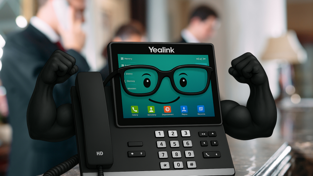 Phone character with glasses, buff arms at reception desk. Conveys smarter, simpler, and built to scale hotel phone systems