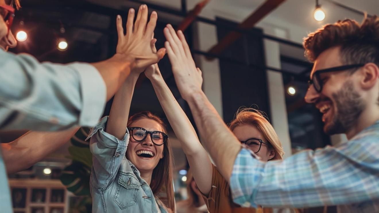 Small team celebrates customer satisfaction reports. Customer support software for small businesses made services better