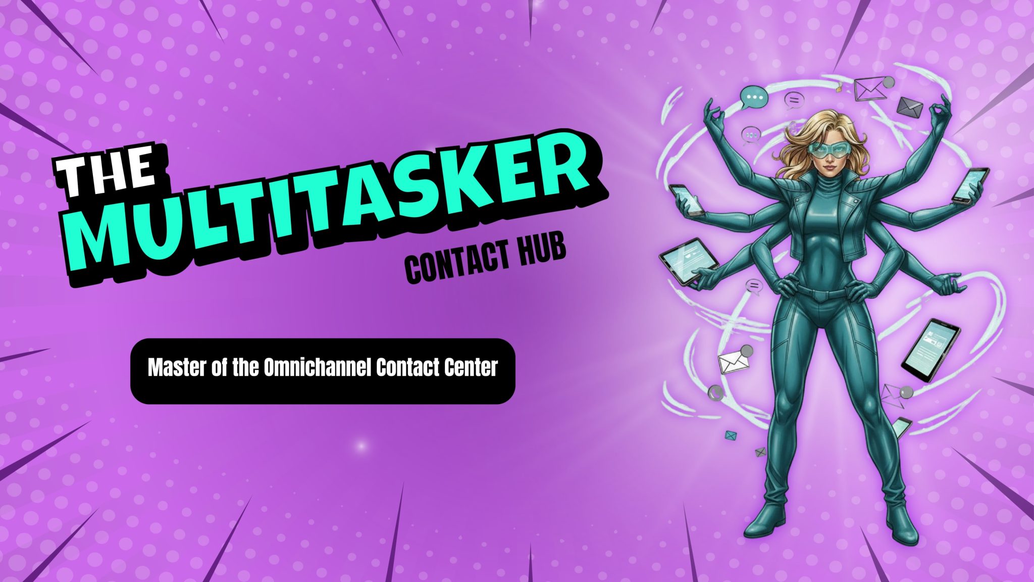 Female cartoon superhero titled "The Multitasker" stands on a purple comic background with multiple arms managing devices and messages, representing mastery of the Omnichannel Contact Center.