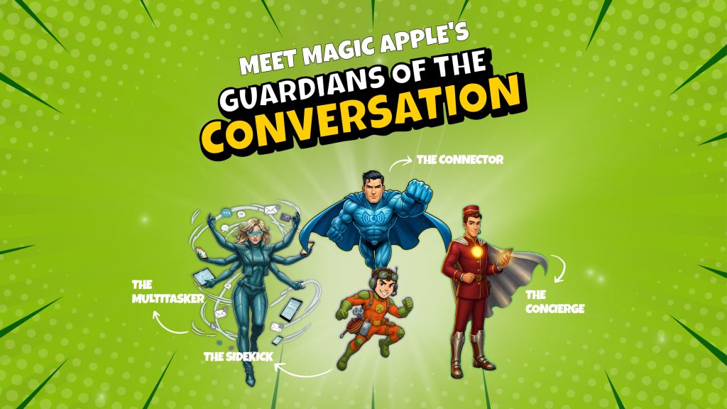 Four cartoon superheroes representing roles in a business phone system: The Multitasker, The Sidekick, The Connector, and The Concierge, with the title "Meet Magic Apple's Guardians of the Conversation" on a green comic-style background.